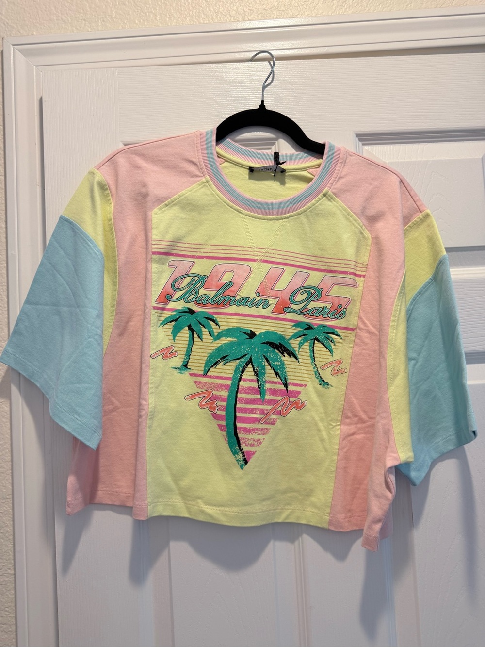 Balmain Pastel Palm Graphic Cropped Tee - Pink/Yellow/Blue/Green